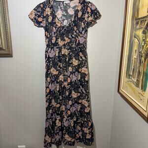 Maurices Black Floral Tiered V-Neck Midi Dress Short Flutter Sleeve Medium